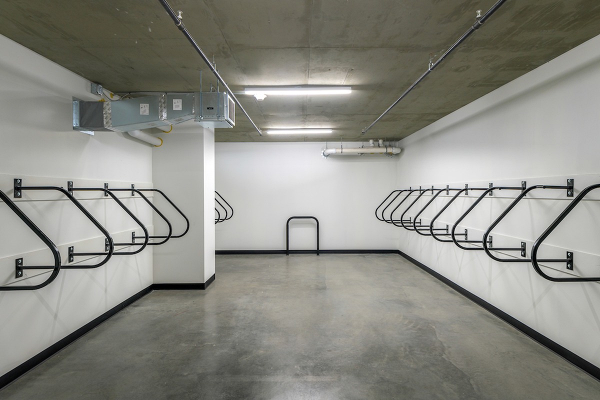 Indoor bike storage with plenty of racks available for residents to utilize