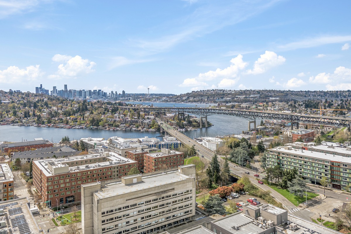 View of Seattle skyline from the Accolade\'s rooftop, including Downtown and the Space Needle