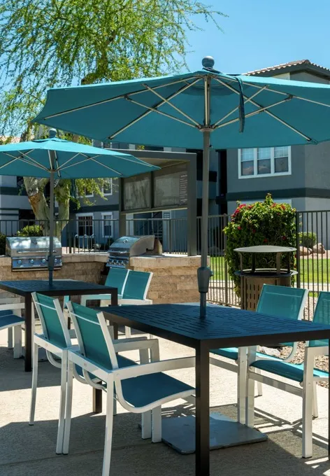 The outdoor lounge area where residents can grill and enjoy the sun