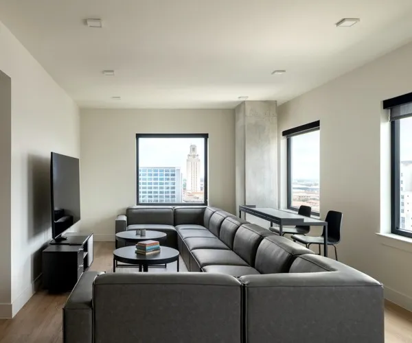 Model apartment living room with large couch, coffee tables, and a large flat screen tv
