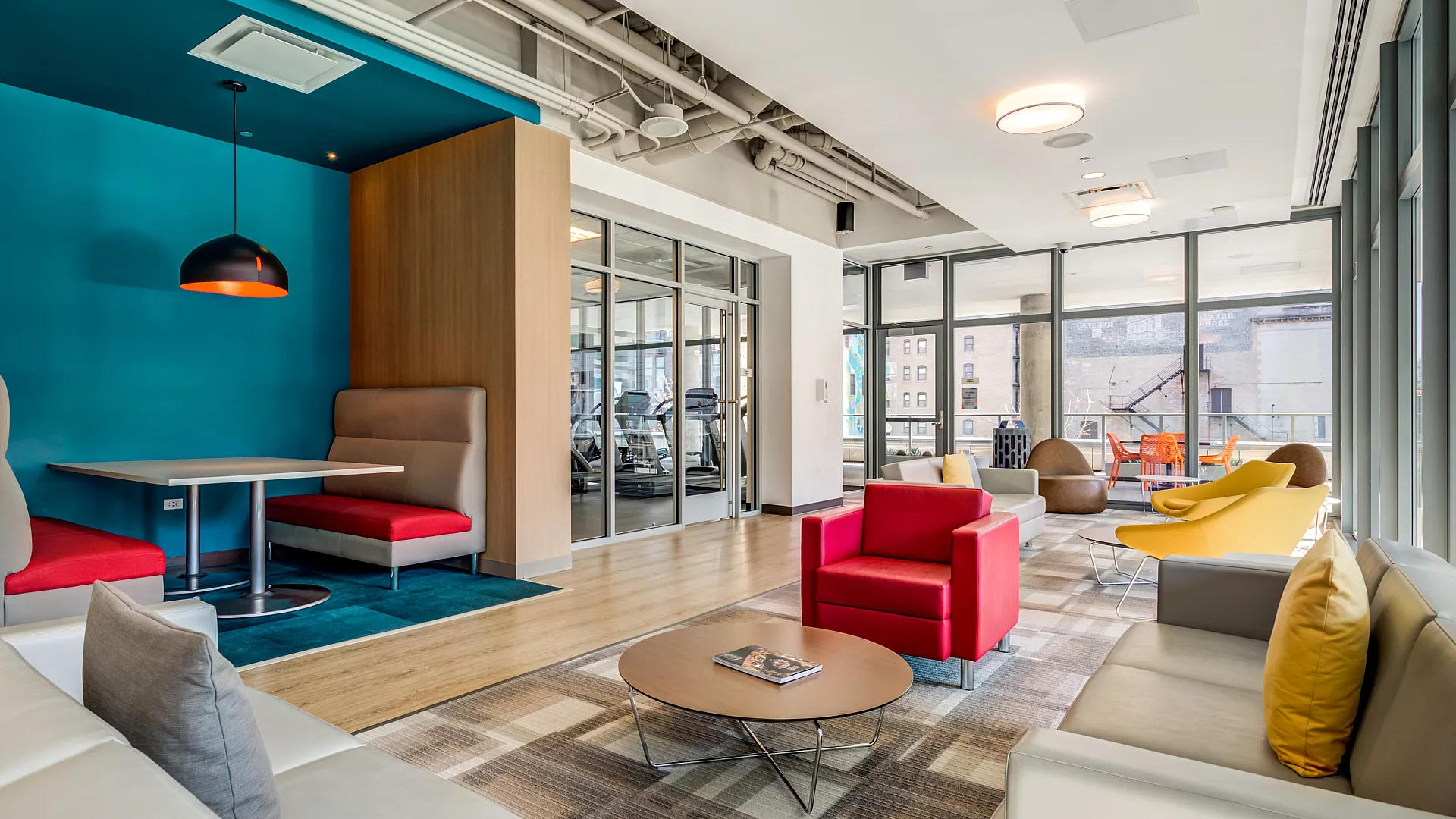 Community clubhouse with seating for students to work or study