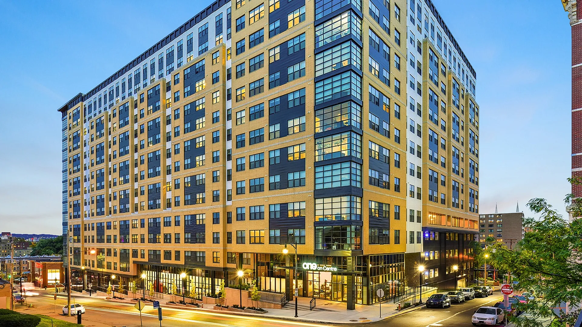 Exterior view of One on Centre apartments in Pittsburgh, PA.
