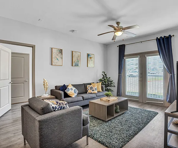 Inviting living room with cozy gray sofas, stylish decor, and natural light pouring through elegant curtains and blinds.