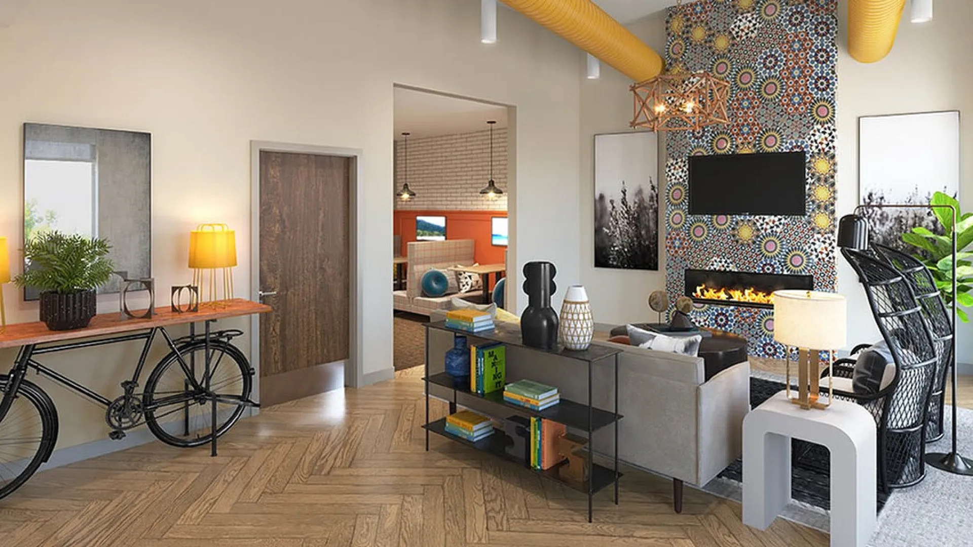 Modern living room with vibrant decor, stylish fireplace, and elegant wood flooring, perfect for a cozy and inviting atmosphere.
