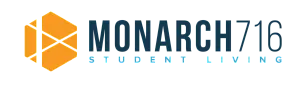 Modern logo for Monarch 716 Student Living featuring a vibrant orange geometric design.