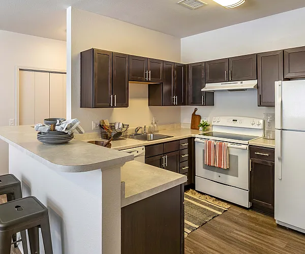 Modern kitchen with sleek dark cabinets, elegant countertops, and contemporary appliances, perfect for stylish culinary adventures.