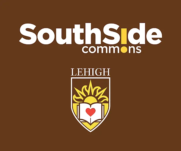 Elegant SouthSide Commons logo featuring Lehigh emblem on a warm brown background.