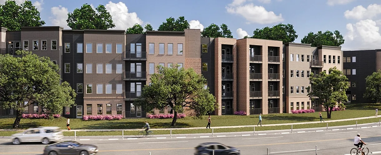 Modern apartment complex with sleek architectural design, surrounded by lush greenery and vibrant community spaces.