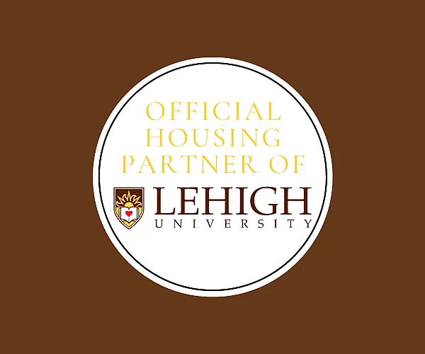 Official housing partner badge for Lehigh University with elegant design and warm color scheme.