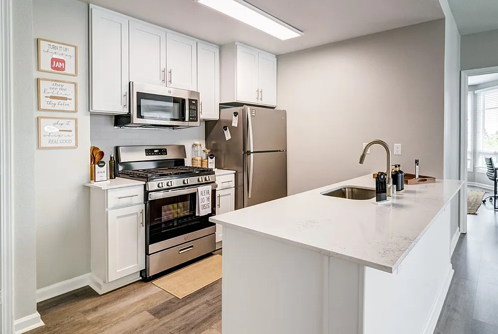 Modern kitchen with sleek stainless steel appliances, elegant white cabinetry, and a chic island sink, complemented by stylish hardwood floors and bright natural lighting.