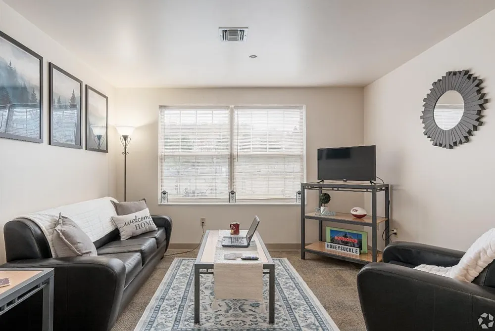 Bright and cozy living room with modern decor, featuring a comfortable sofa, stylish rug, and natural light streaming through large windows.