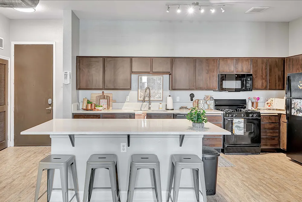 Modern kitchen with sleek dark cabinets, stylish island, and stainless steel appliances, perfect for entertaining.