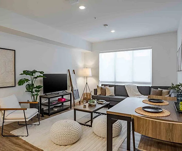 Charming living room with modern decor, cozy sectional sofa, large window for natural light, and inviting dining area in a stylish apartment.