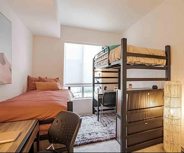 Cozy bedroom with stylish bunk bed and modern decor, featuring soft lighting and a large window for natural sunlight.