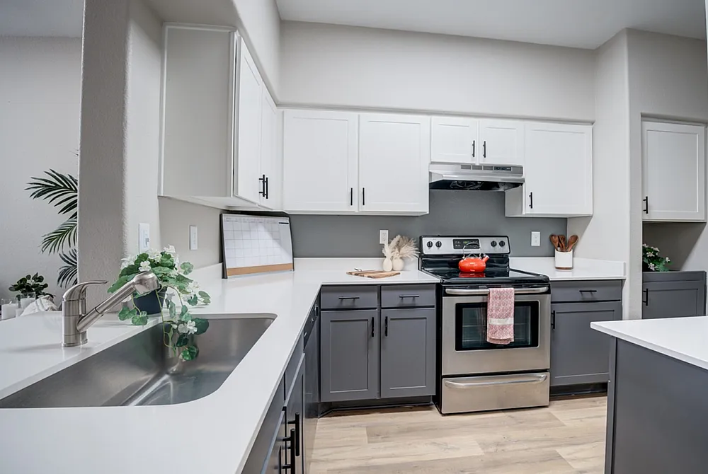 Modern kitchen with sleek white cabinetry, stylish dark gray lower cabinets, and stainless steel appliances, offering an inviting and functional cooking space.