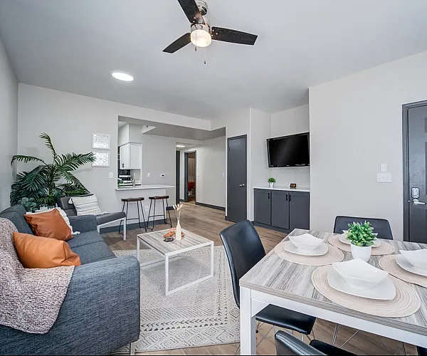 Modern open-concept living room with cozy gray sofa, sleek dining area, and a wall-mounted TV, accentuated by stylish decor and natural light.