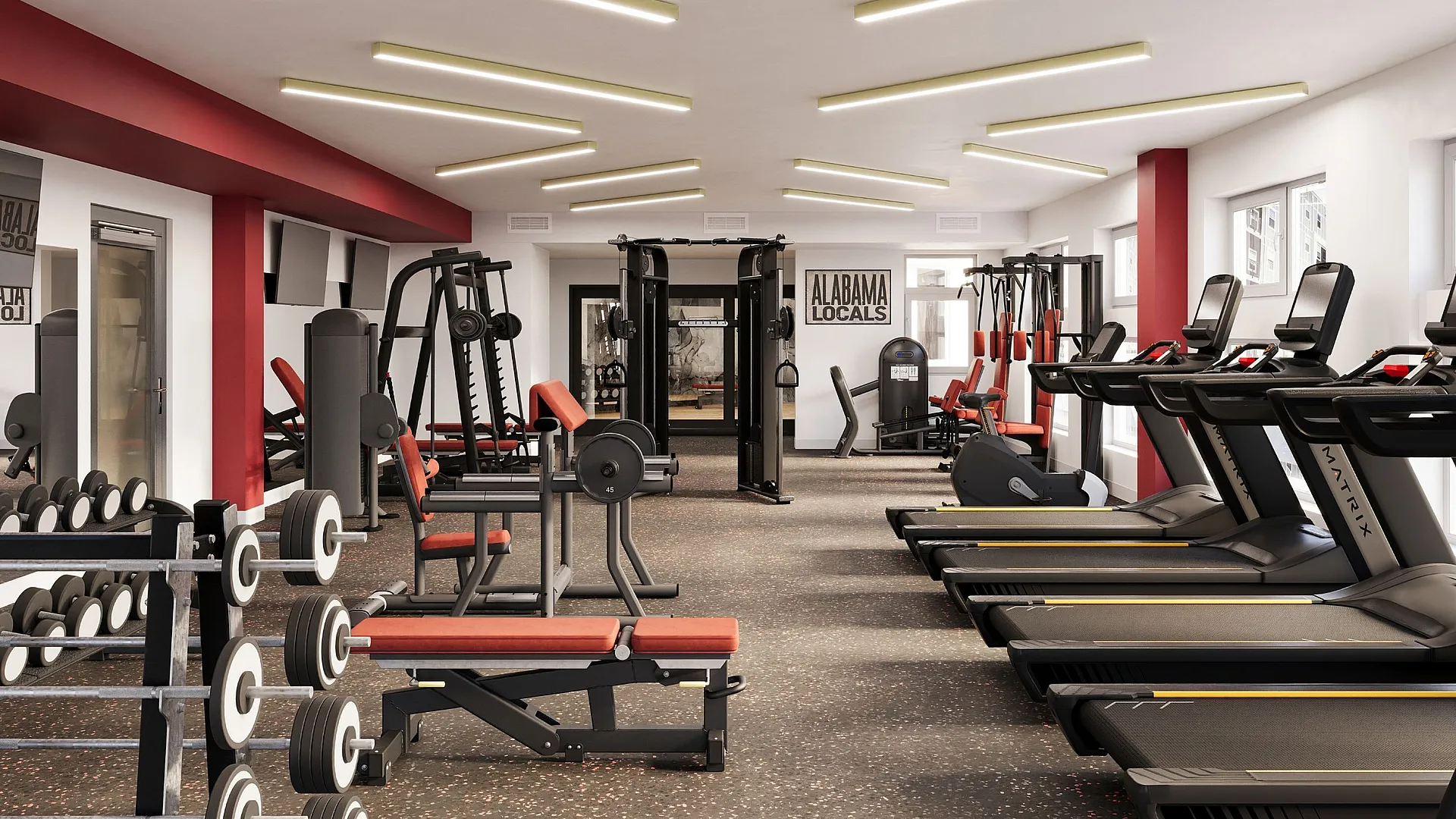 Modern fitness center with state-of-the-art equipment, including treadmills, weights, and exercise machines, set in a bright, stylish environment.