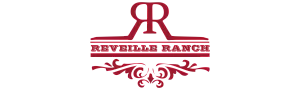 Elegant Reveille Ranch logo in bold maroon, featuring stylish decorative design elements.