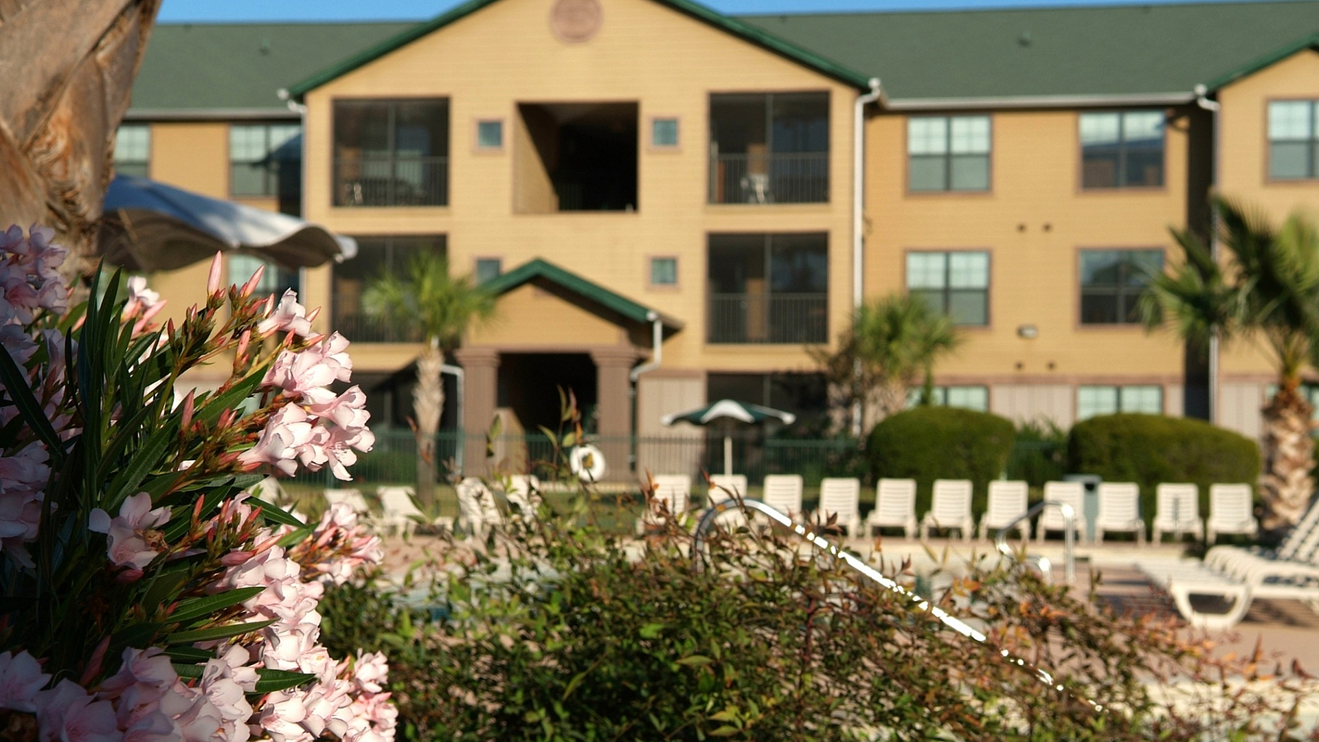 Charming apartment complex with lush garden, inviting pool area, and beautifully landscaped surroundings.