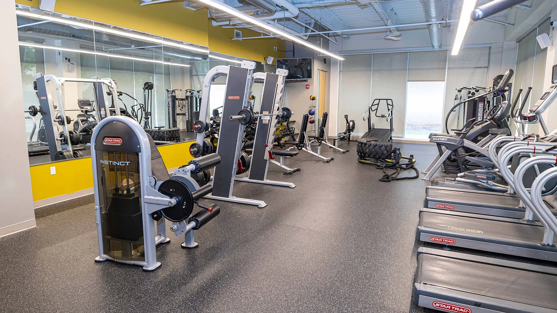 Modern fitness center with state-of-the-art gym equipment, bright yellow accent wall, and ample natural lighting.
