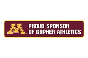 Bold maroon and gold banner with 'Proud Sponsor of Gopher Athletics' promoting a commitment to sports excellence.