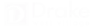 Drake West Village logo in bold white letters on a black background, showcasing modern and stylish branding.
