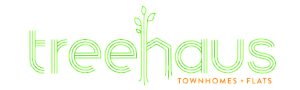 Modern Treehaus logo with vibrant green typography and a leafy design, highlighting eco-friendly townhomes and flats.