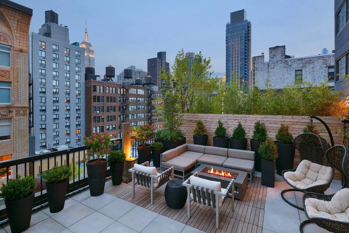 City terrace with fire pit and city views