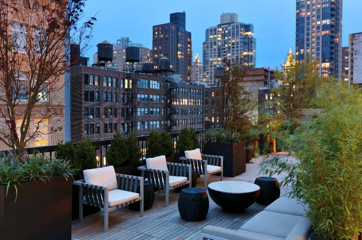 City terrace with lounge chairs
