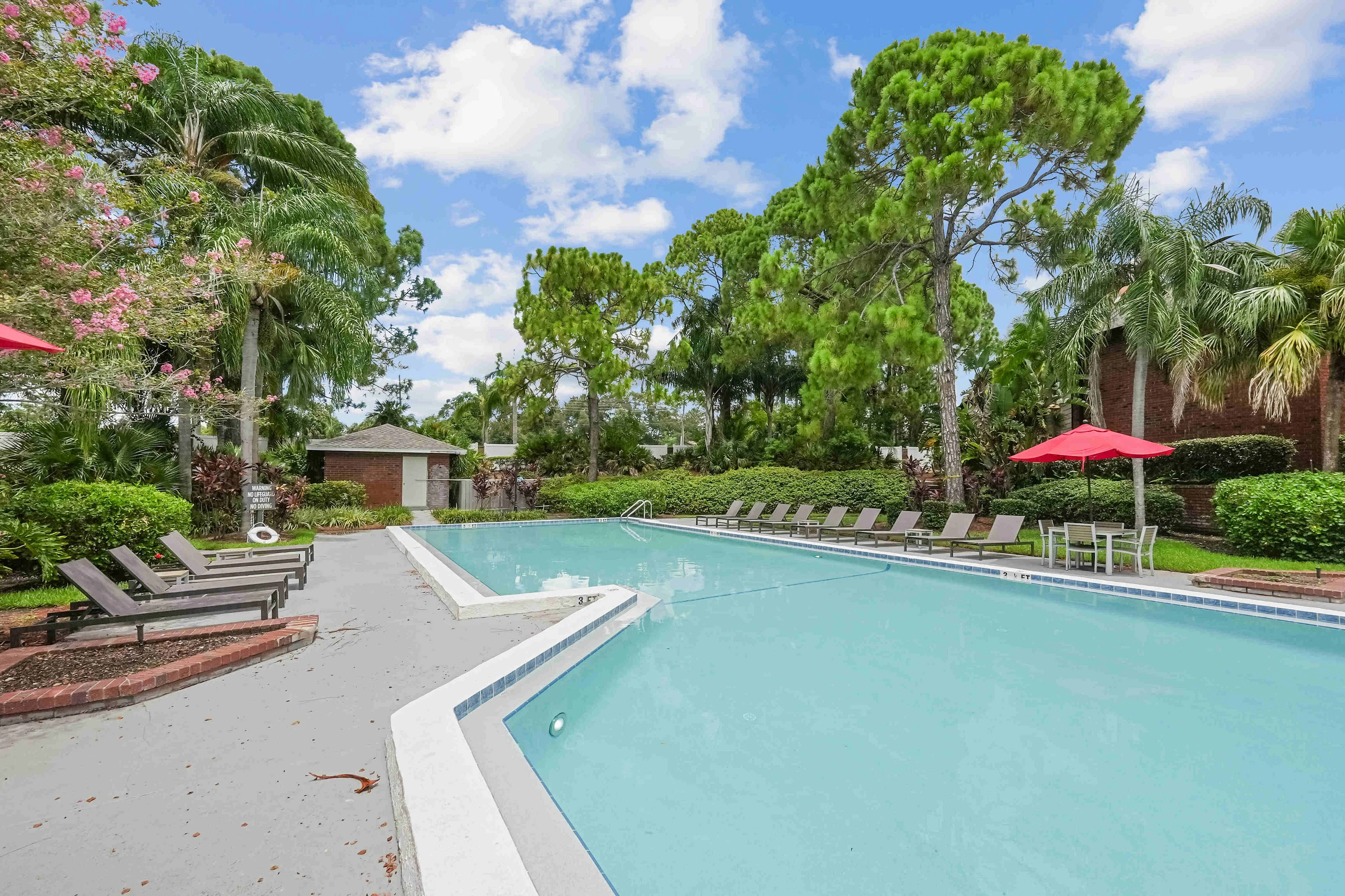 The pool area at our apartments for rent in Clearwater, FL, featuring beach chairs, umbrellas, and a hot tub.