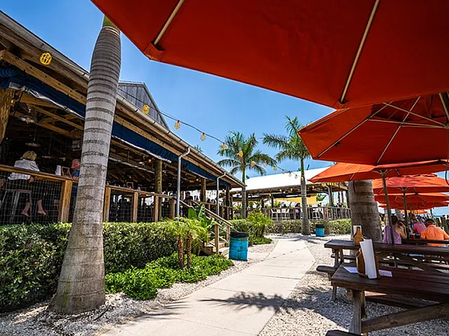 Vibrant beachside restaurant with palm trees, colorful umbrellas, and relaxed outdoor seating.