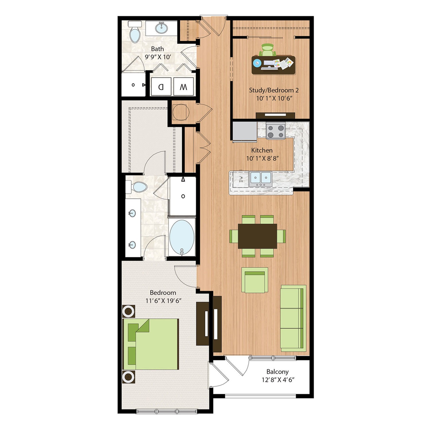 One Bedroom Two Bath with Den (1218 SF)