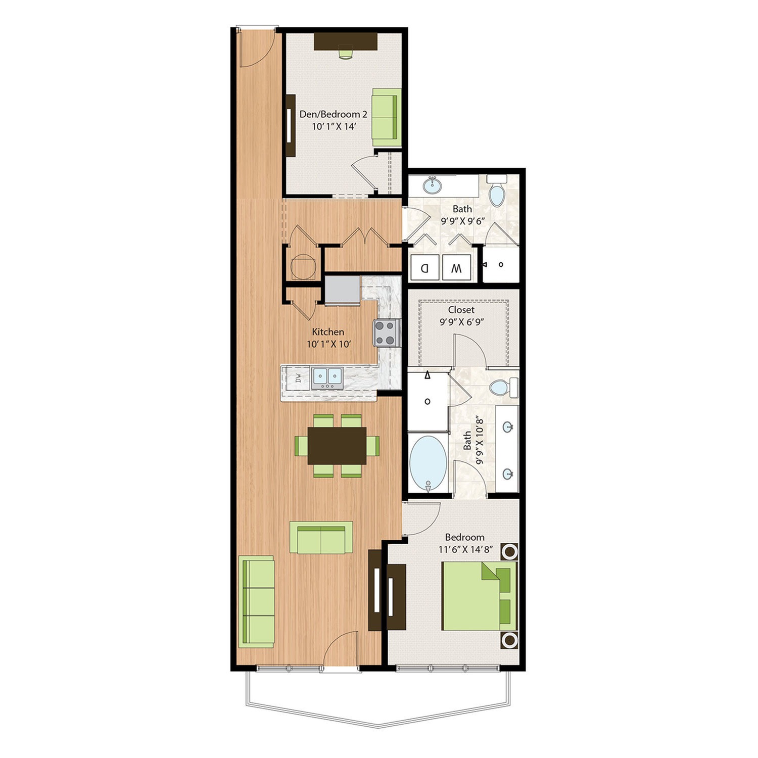 One Bedroom Two Bath with Den (1287 SF)