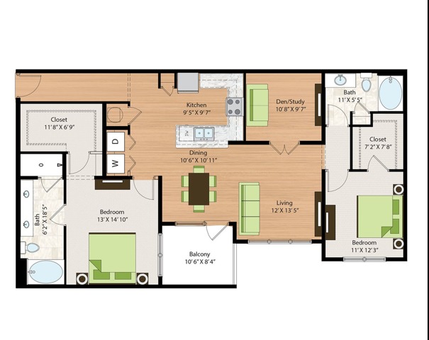 Two Bedroom Two Bath with Den (1477 SF)