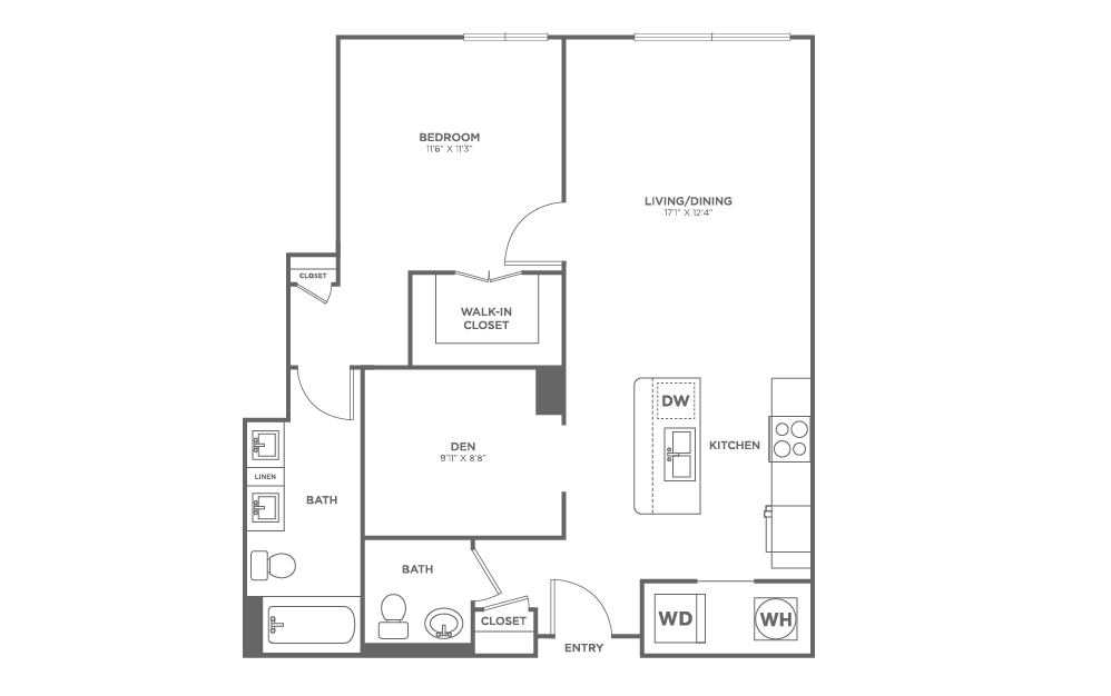 One Bedroom Two Bath With Den (871 SF)
