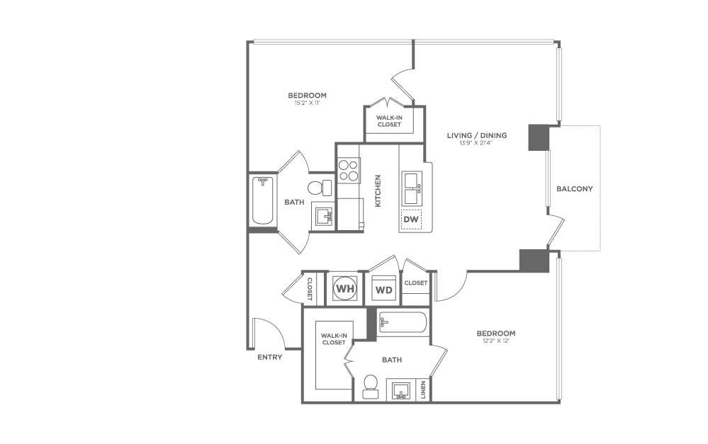 Two Bedroom Two Bath (964 SF)