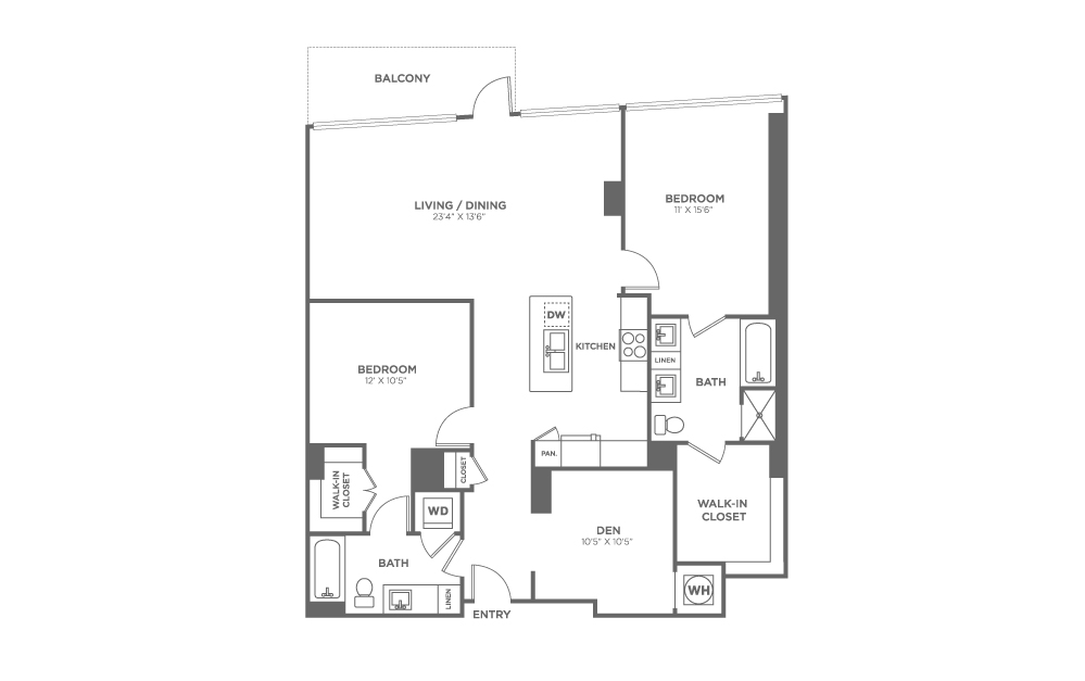 Two Bedroom Two Bath With Den (1,340 SF)