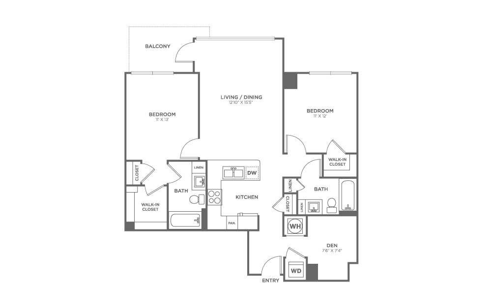 Two Bedroom Two Bath With Den (1,088 SF)