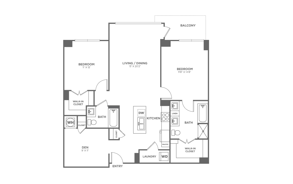 Two Bedroom Two Bath With Den (1,180 SF)