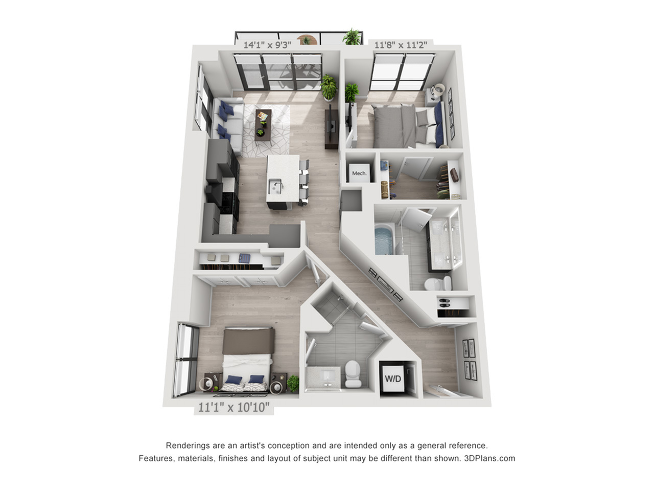 Two Bedroom Two Bath Penthouse (1,044 SF)