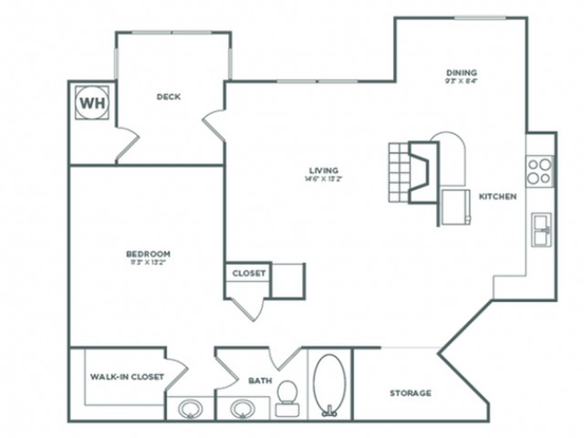 1x1 | 803 SF | Floor plan map for a one bedroom unit at our apartments for rent in Bellevue, featuring labeled rooms with dimensions.