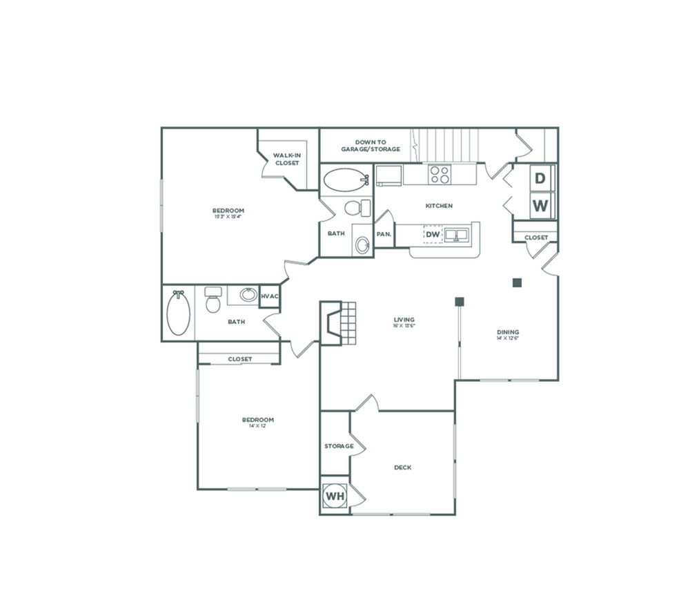 2x2 | 1192 SF | Floor plan map for a two bedroom unit at our apartments for rent in Bellevue, featuring labeled rooms with dimensions.