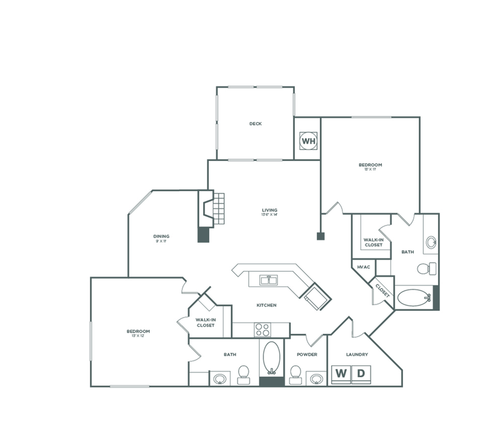2x2.5 | 1102 SF | Floor plan map for a two bedroom unit at our apartments for rent in Bellevue, featuring labeled rooms with dimensions.