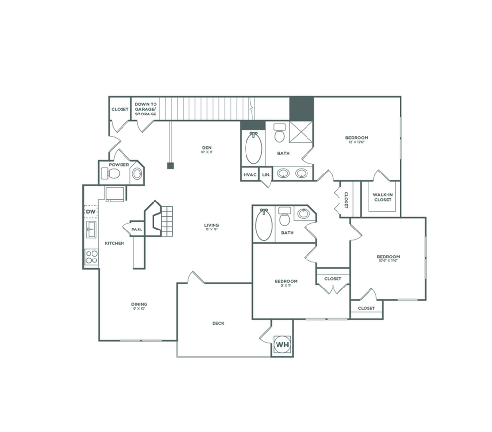 3x2.5 | 1410 SF | Floor plan map for a three bedroom unit at our apartments for rent in Bellevue, featuring labeled rooms with dimensions.