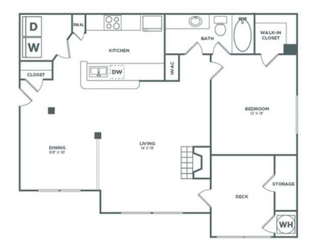 1x1 | 780 SF | Floor plan map for a one bedroom unit at our apartments for rent in Bellevue, featuring labeled rooms with dimensions.