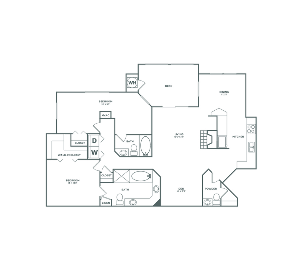 2x2.5 | 1324 SF | Floor plan map for a three bedroom unit at our apartments for rent in Bellevue, featuring labeled rooms with dimensions.