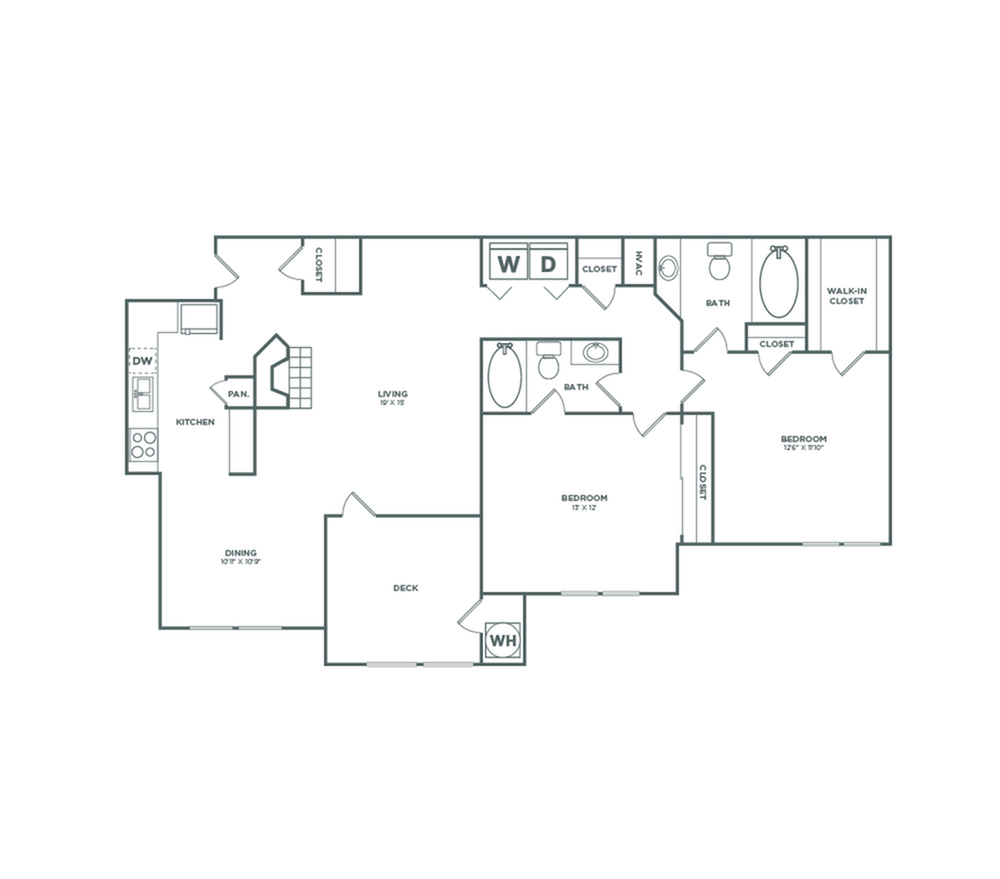 2x2 | 1260 SF | Floor plan map for a two bedroom unit at our apartments for rent in Bellevue, featuring labeled rooms with dimensions.