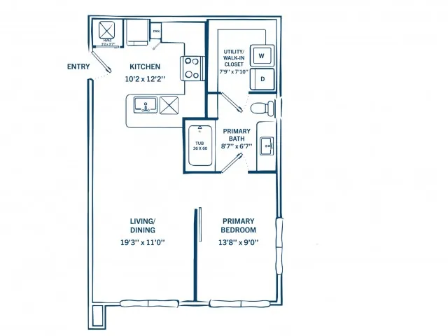 E1D | 1 bed 1 bath | 605 sq ft
