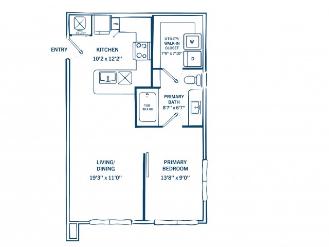 E1A | 1 bed 1 bath | 605 sq ft