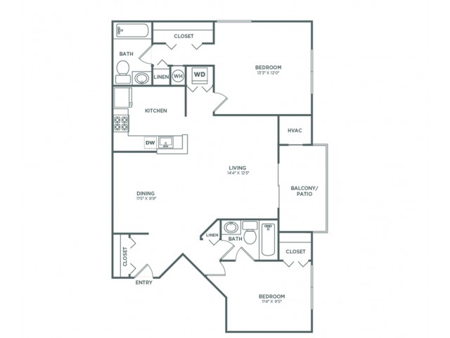 Two Bedroom Two Bath (937 SF)